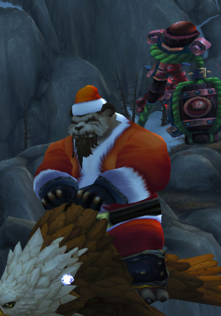 Pandaren brewmaster monk in a Santa suit